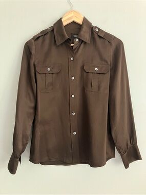 TALBOTS Espresso Brown Silk Button Down Utility Blouse Size 4P